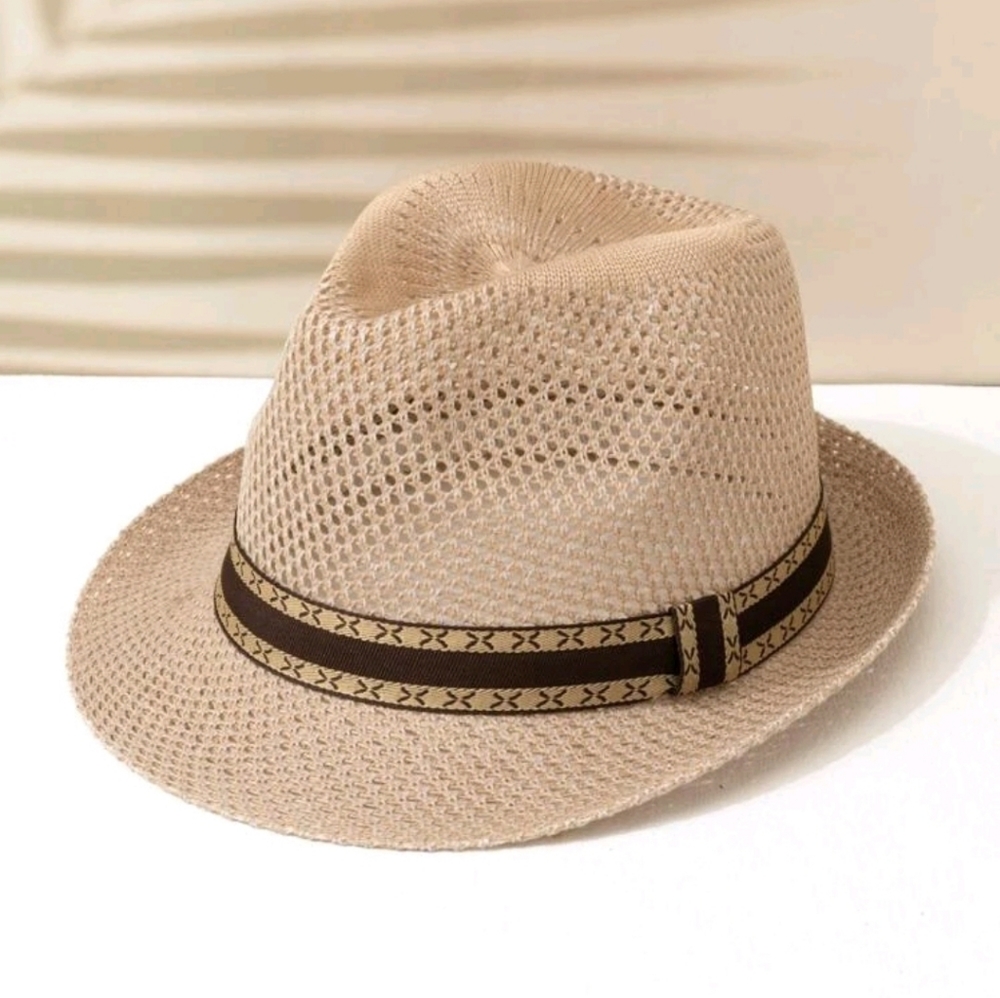 Men's Hollowed Khaki Fedora Hat with Dark Brown Ribbon Trim